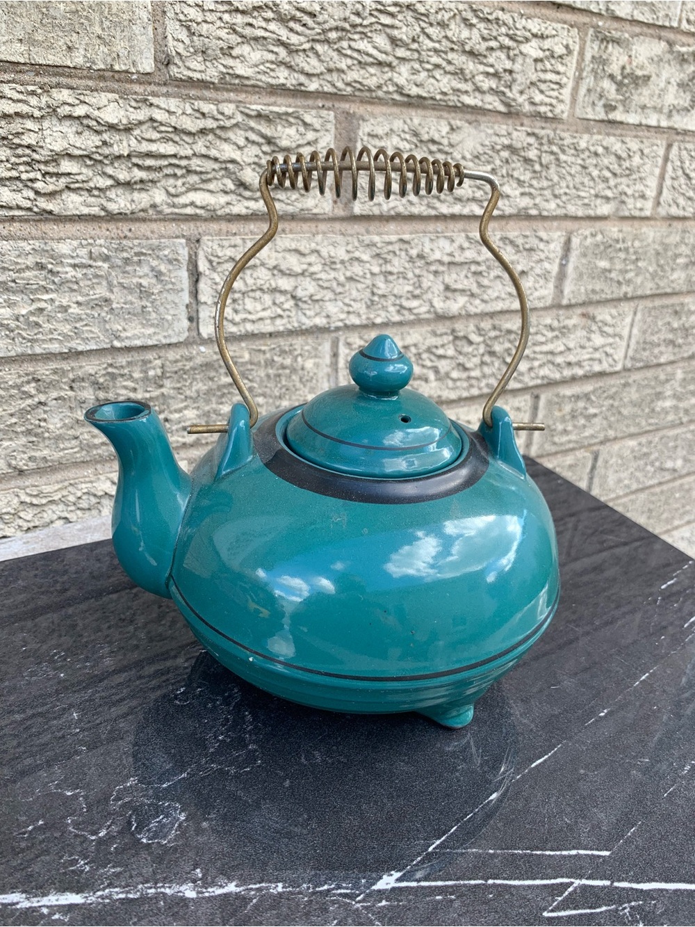 Vintage Japan Enesco Teapot teal  Glaze Black Trim brass handle Handle